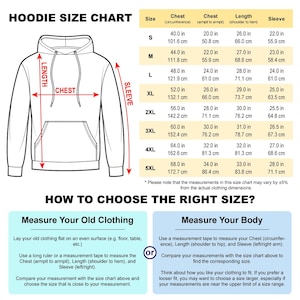 以下が含まれることがあります： 白のパーカーサイズチャート。インチとセンチメートルで測定。Sから5XLまでの胸囲、着丈、袖丈の寸法が含まれています。古い服や体を測定する方法に関するヒントとともに、適切なサイズの選び方に関する説明も提供されています。