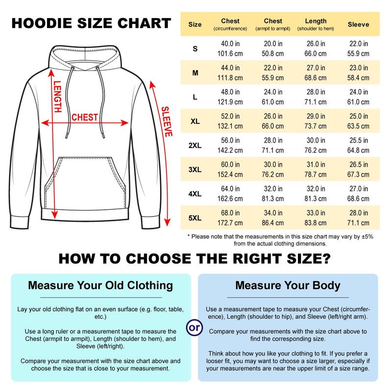 以下が含まれることがあります： 白のパーカーサイズチャート。インチとセンチメートルで測定。Sから5XLまでの胸囲、着丈、袖丈の寸法が含まれています。古い服や体を測定する方法に関するヒントとともに、適切なサイズの選び方に関する説明も提供されています。