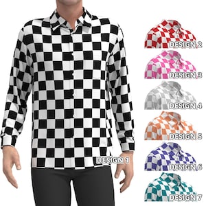 Black White Checkered Checker Box Check Geometric Pattern Men Women Short Long Sleeve Button Shirt Up Down Collar