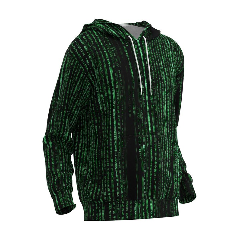 以下が含まれることがあります： 緑色のデジタルレインパターンが特徴の黒いパーカー。フード付きスウェットシャツにはフロントポケットと白いドローストリングが付いています。デザインは衣服全体を覆い、ユニークで人目を引く外観を作り出しています。