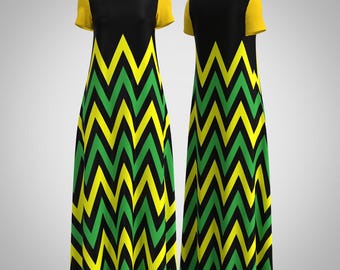 black green and yellow dress Jamaica The Cross Flag Long Maxi Dress Black Green Gold Yellow Jamaican Pride Modest Women Clothing