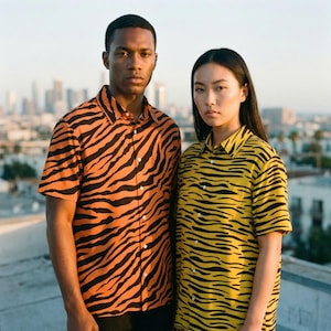 Tiger Stripes Pattern Button Shirt Printed Skin Fur Orange Yellow Black Animal Print Men Womens Short Sleeve Clothing