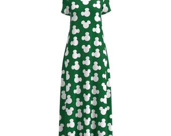 Mickey Minnie Mouse Silhouette Ears Polka Dot Disney Park Disneyland  Inspired Black White Red Blue Green Short Sleeve Modest Long Maxi Dress