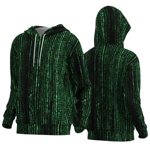 以下が含まれることがあります： 緑色のデジタルレインパターンが特徴の黒いパーカー。ドローストリングフードとフロントポケットが付いています。デザインはフードと袖を含め、パーカー全体をカバーしています。パーカーは前面と背面から表示されています。