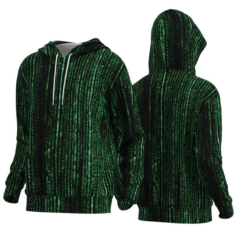 以下が含まれることがあります： 緑色のデジタルレインパターンが特徴の黒いパーカー。ドローストリングフードとフロントポケットが付いています。デザインはフードと袖を含め、パーカー全体をカバーしています。パーカーは前面と背面から表示されています。