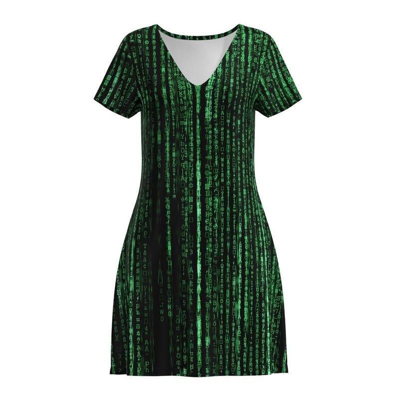 May include: A black and green short-sleeved dress with a V-neck and a pattern of green code on a black background.