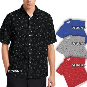 Dungeon Blau Rot Schwarz Grau DnD Würfel Drache Dreieck Muster Meister Männer Frauen Kurzarm Kragen Hawaiian Button Up Down Shirt