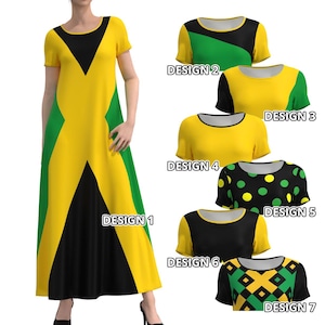 Jamaica The Cross Flag Color Black Green Gold Yellow Jamaican Pride Modest Long Maxi Dress Short Sleeve Sleeveless