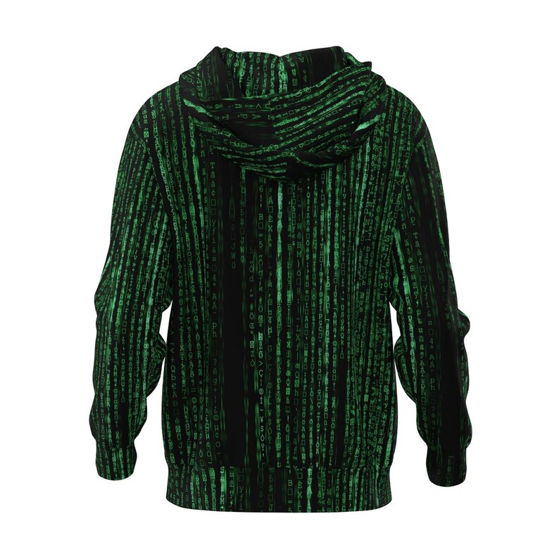 以下が含まれることがあります： 緑色のデジタルレインパターンが施された黒いパーカー。デザインは、コンピュータコードに似た緑色の文字の縦線が特徴です。パーカーにはフードと長袖が付いています。