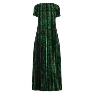 May include: A black maxi dress with a green digital rain design. The dress has short sleeves and a scoop neckline. The fabric appears lightweight, suitable for casual wear or themed events. The dress is approximately 150 cm in length.