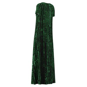 May include: A long, short-sleeved dress with a V-neck. The dress has a black base, overlaid with a green, vertical code pattern. The material looks soft and flowing, suitable for casual wear or themed events.