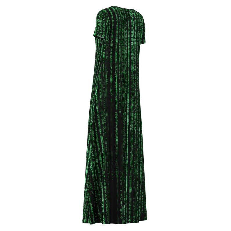 May include: A long, short-sleeved dress with a V-neck. The dress has a black base, overlaid with a green, vertical code pattern. The material looks soft and flowing, suitable for casual wear or themed events.