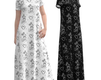 Vestido largo sin mangas de manga corta para mujer, inspirado en Disneyland, con dibujo de Mickey Mouse, boceto y garabato