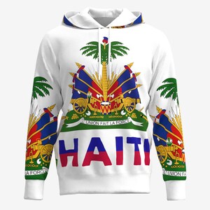 Armoiries d'Haïti Drapeau haïtien Drapeau d'Haïti Créole haïtien Drapo Ayiti L'Union Fait La Force Noir Blanc Sweat-shirt à capuche White