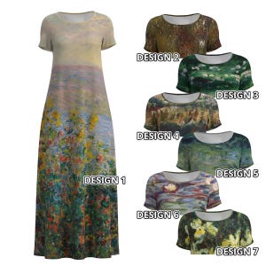 Claude Monet Painting Flower Beds Vetheuil Gartenweg Poppy Field Yellow Irises Waterlilies Peony Garden Short Sleeve Modest Long Maxi Dress