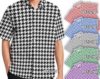 Black White Houndstooth Retro Fashion Red Blue Gray Green Purple Millennials Dark Academia Men Women Button Shirt Collar Short Sleeve Custom