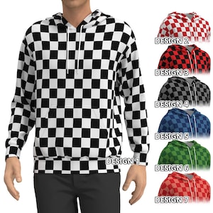 Black White Check Men Women Long Sleeve Hoodie Sweater Sweatshirt Pullover Red Blue Green Gray Checker Box Geometric Pattern