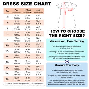 May include: Dress size chart with bust, 1/2 bust, and length measurements in inches and centimeters.  Instructions on how to choose the right size by measuring your own clothing or your body.