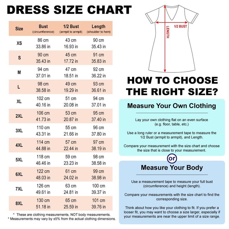 May include: Dress size chart with bust, 1/2 bust, and length measurements in inches and centimeters.  Instructions on how to choose the right size by measuring your own clothing or your body.