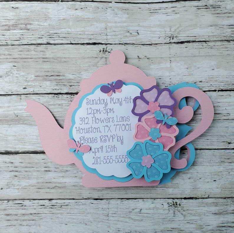 and Butterflies Premium Cardstock Flowers Handmade Birthday Invitation Tea Party Birthday Invitation Girls Party Stacked Teacups