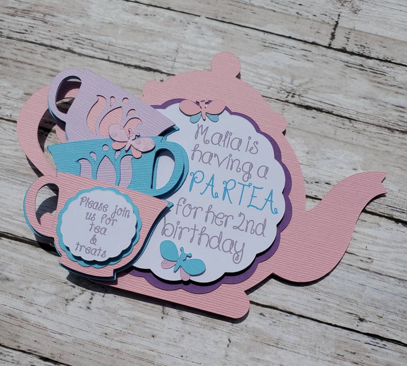 and Butterflies Premium Cardstock Flowers Handmade Birthday Invitation Tea Party Birthday Invitation Girls Party Stacked Teacups