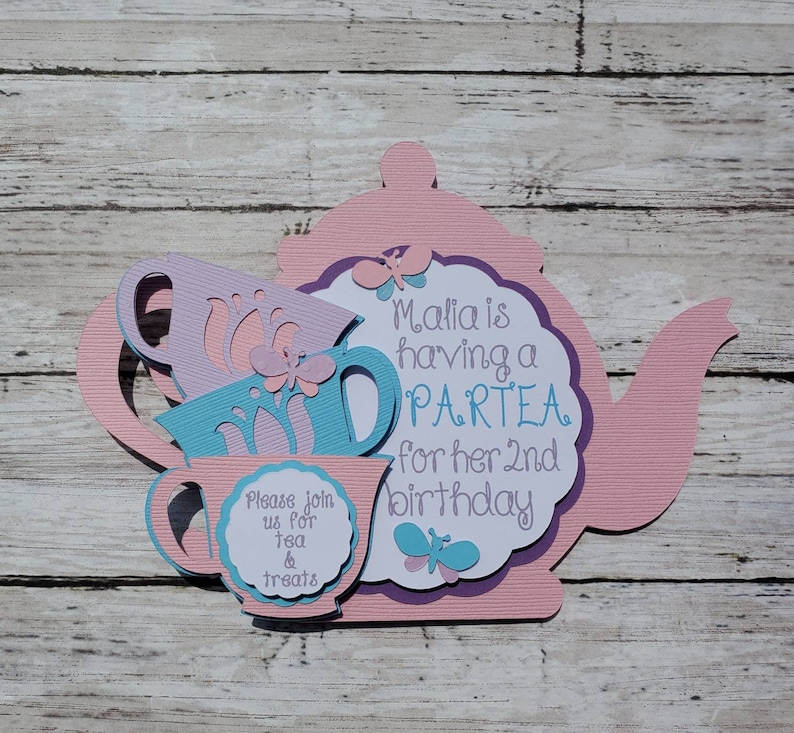 and Butterflies Premium Cardstock Flowers Handmade Birthday Invitation Tea Party Birthday Invitation Girls Party Stacked Teacups