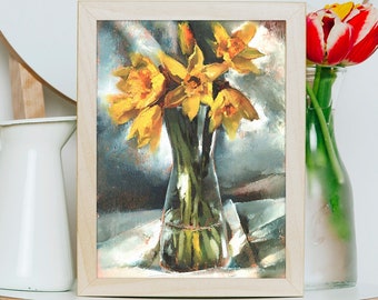 Yellow daffodils - Original Oil painting Still life Flowers, Spring bouquet, art on paper, handpainted art, gift  on birthday, Mother's Day