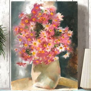 Fiori rosa in un vaso, STAMPA artistica su carta o tela, bouquet estivo, storia solare, fiori luminosi, natura morta estiva, dipinto floreale