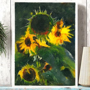 Girasole giallo brillante - STAMPA artistica su carta o tela, arte verde estiva, storia solare, natura morta di fiori, dipinto floreale