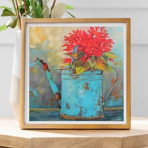 Fiori rosso vivo - STAMPA artistica su carta, Bouquet in un annaffiatoio blu, Impressionismo moderno, arte 10 x 10 pollici, regalo nonna, Festa della mamma