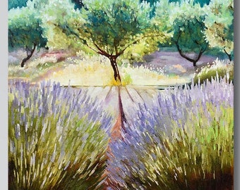 ラベンダー畑の油絵：プロヴァンスの風景画（12x16） - Etsy 日本