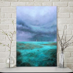 Temporale color smeraldo, stampa artistica su carta Nuvola temporalesca, pezzo di mare, paesaggio marino, riva costiera, regalo al padre, tela d'arte originale