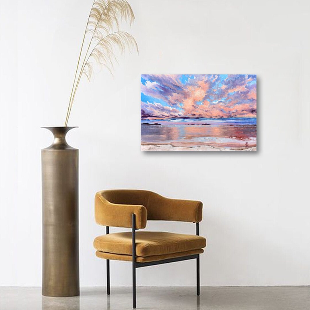 Pink Sky Over the Sea - Original Oil Painting, Seascape Art Canvas, Sea ...