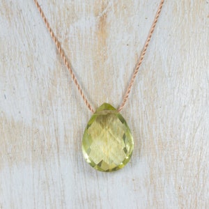 Adjustable necklace with a drop cut Lemon Quartz, nylon thread, rock cristal and silver feather - different thread colours available