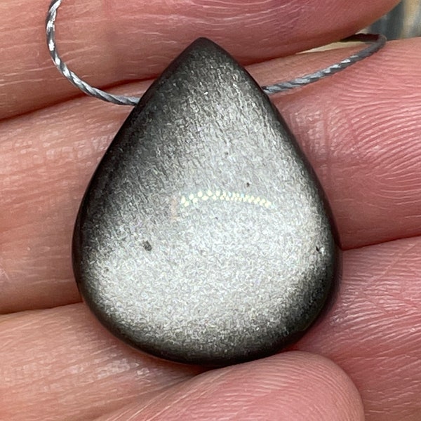Collier ajustable avec Obsidienne Argentée en goutte, fil nylon anthracite, cristal de roche et plume en Argent - cadeau pour elle
