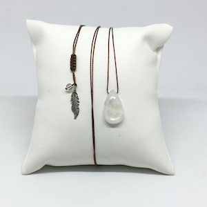 Necklace Moonstone (Rainbow Moonstone) cabochon cut in drop, brown nylon thread - Adjustable - Birth June - Silver feather