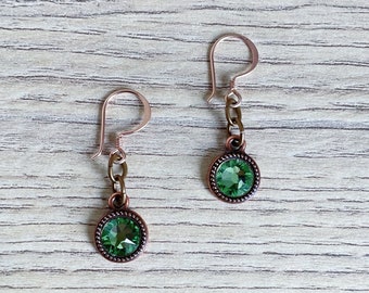 Rivoli peridot cabochon earrings Swarovski Crystal - Copper support and pink vermeil hook