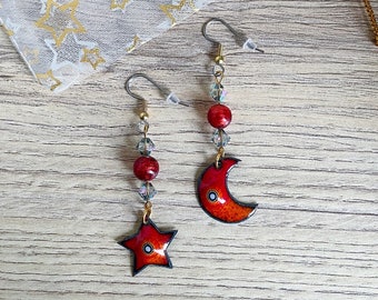 Earrings, star and moon, enamelled copper, red and orange, red murano beads, Swarovski crystal spinning tops