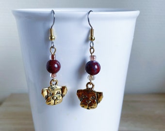 Puppy head charm earrings, brown tone pietersite bead