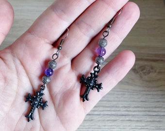 Gothic earrings - black metal gothic cross, old silver diamond beads - mauve glass beads