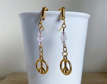 Non-pierced gold Peace and Love charm earrings, faceted rock crystal, clips