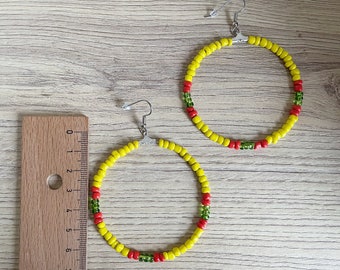 African hoops - Tribal - Yellow, red and green pearls silver leaf inclusion