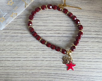 SNAKE SKIN bracelets - Dark coral beads - Vermeil elephant and red star charm