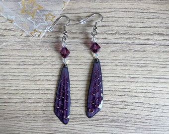 Earrings, amethyst dragonfly wings, Swarovski crystal top, amethyst, crystal