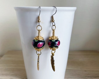 Dangling earrings - Fine gold gilt metal feather - Greek ceramic beads - Gothic style gilt metal caps