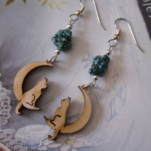 Earrings pendant cat sitting on half-moon with turquoise nugget image 3