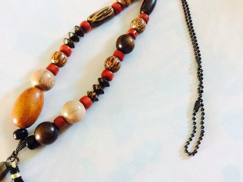 Tropical JUNGLE long necklace necklace meltingpot precious and exotic wood beads satin pompom sigma charm Western Country image 7
