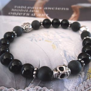 Bracelet femme black power Motarde Cranes aux roses perles noires onyx et mate du Brésil, perle argent image 1