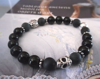 Bracelet femme black power - Motarde - Cranes aux roses - perles noires onyx et mate du Brésil, perle argent