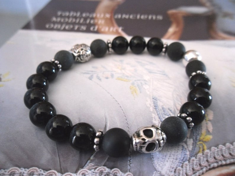 Bracelet femme black power Motarde Cranes aux roses perles noires onyx et mate du Brésil, perle argent image 1